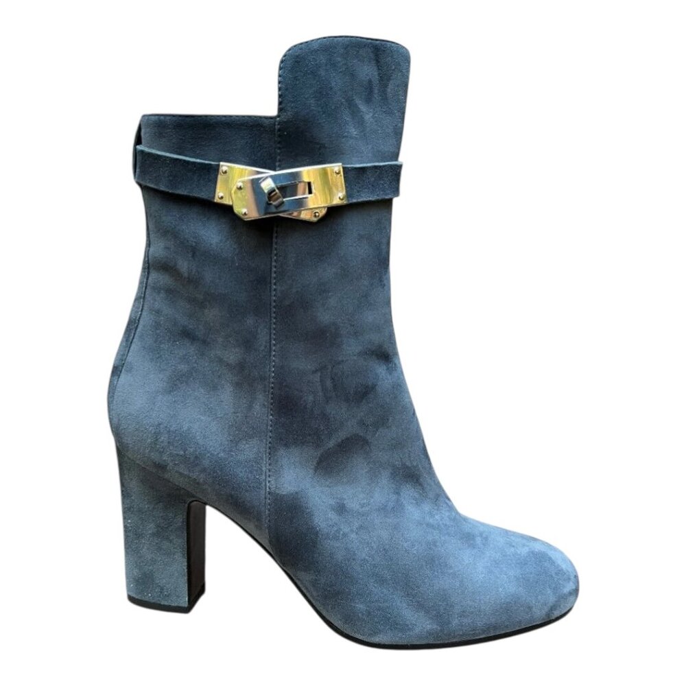 Hermes Kelly Joueuse Bleu Ardois Goat Suede Ankle Boots EU 38.5 Zippered